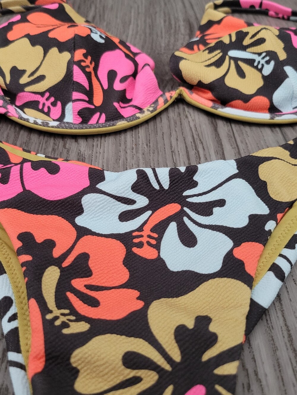 Rip Curl Floral Bikini Set in Brown with Pink, Orange & Cream Hibiscus Print - Picture 2 of 7